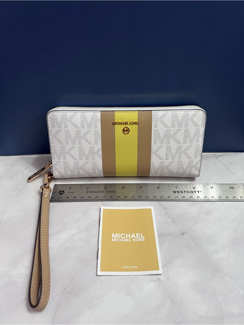 Michael Kors White Wallet Wristlet with Yellow and Tan Center Stripe